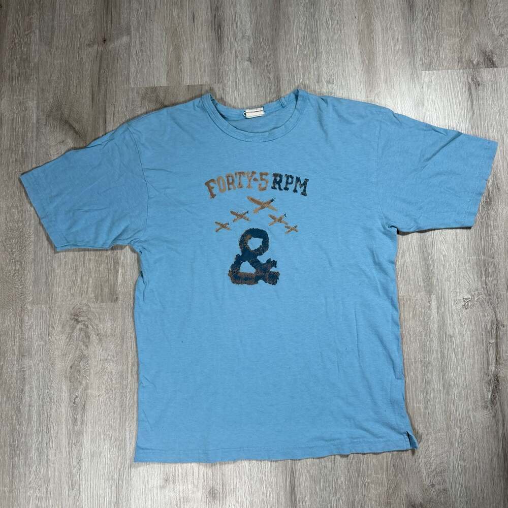 Mens 45RPM Japan Aviation Graphic Light Blue Crew Neck T-Shirt Medium Archive